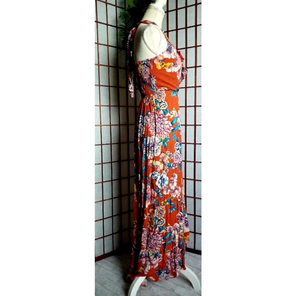 Band of Gypsies Ruffle V-Neck Faux Wrap Maxi Dress - Burnt Orange/Blue-Multi - Picture 9 of 16